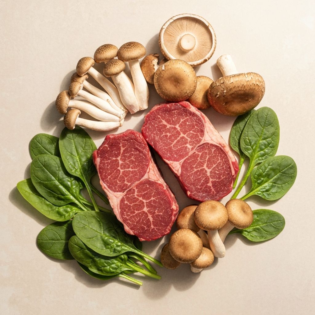 Rotes Fleisch, Pilze und Spinat